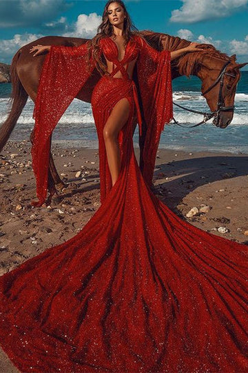 SPARKLE RED EXTREME LONG TRAIN CHIC CRISS-CROSS LONG SLEEVESS PROM PARTY GOWNS HZ1023